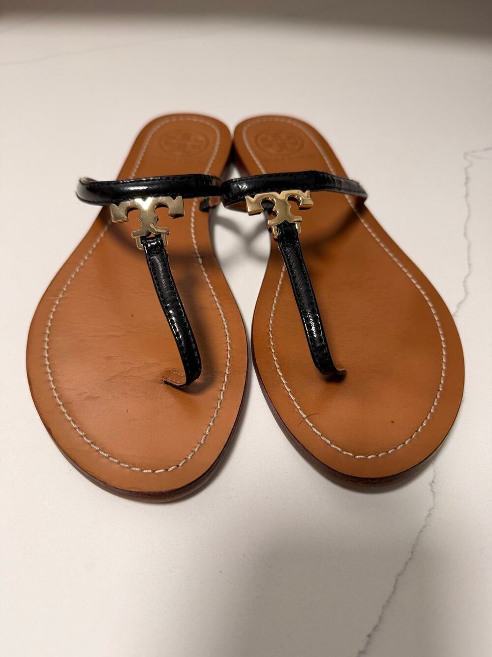 Tory Burch Black Leather Logo Thong Sandals Gold Double T Women’s 8.5